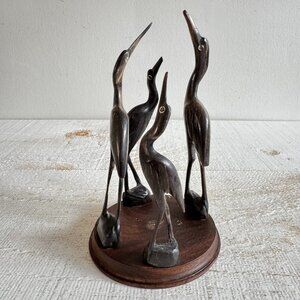 Vintage Horn Carved Stork Figurines on Wood Base